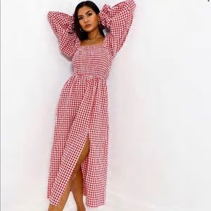 Missguided red gingham shirred bust smock midi dress